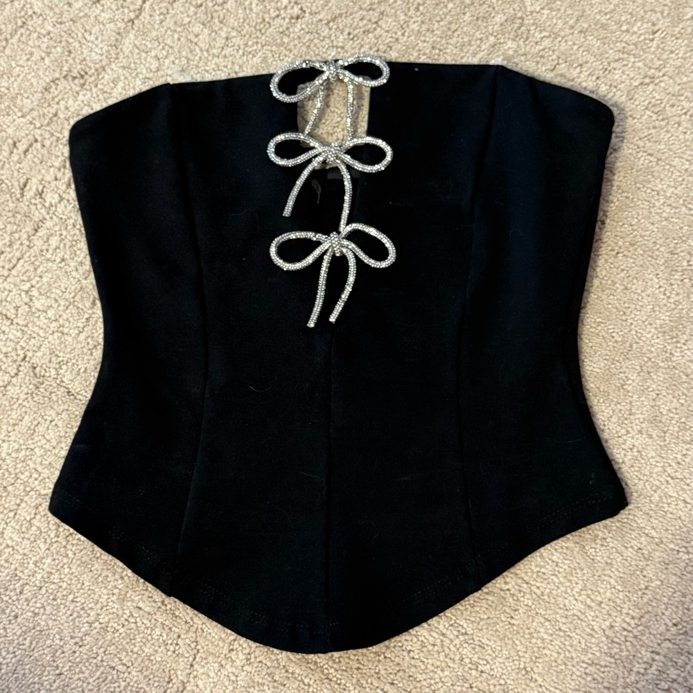 Adorable Glam Rhinestone Bow Cutout Corset Top